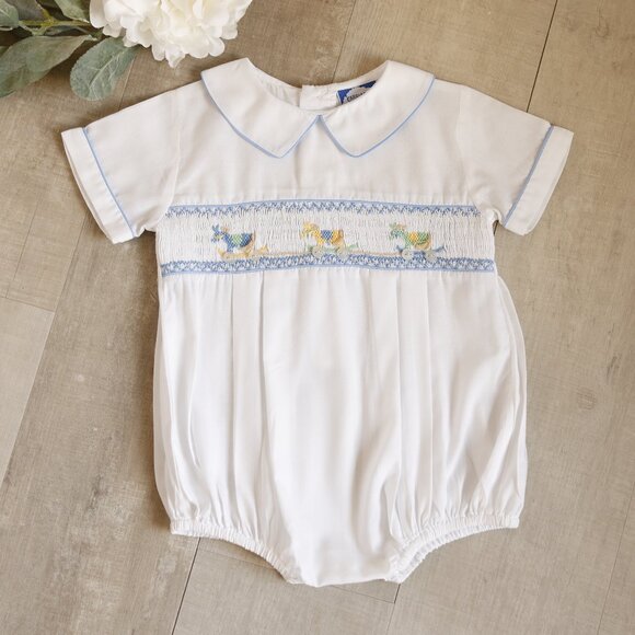 White Smocked Romper Creeper Rocking Horse Embroidery Boutique 9 Months LIKE NEW